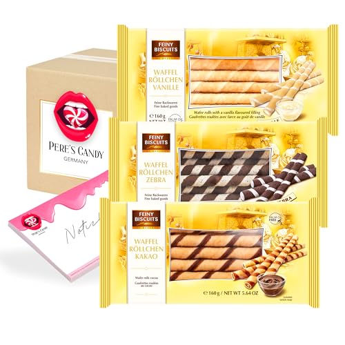 Pere's Candy® Bundle für MIX Pack Waffelröllchen gefüllt mit köstlicher Creme 3x160g + Pere's Candy Notepad DIN A7-25 Blatt von PERE’S CANDY