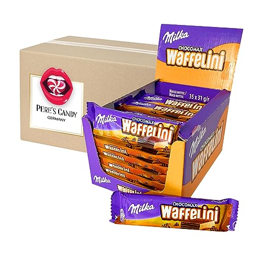 Milka Waffelini CHOCOMAX - Waffelriegel mit Crèmefüllung überzogen mit Alpenmilch Schokolade - 35 Riegel à 31g mit Geschenk von Pere’s Candy von PERE’S CANDY