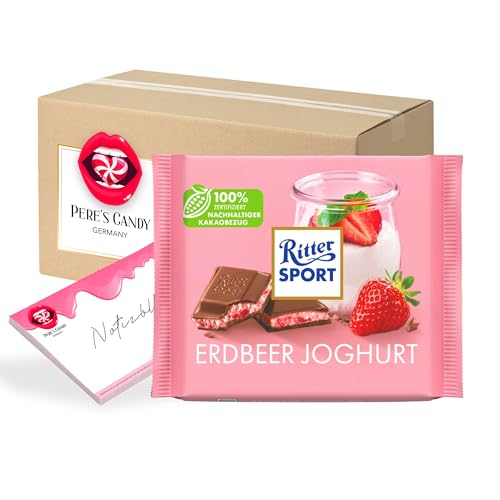 Pere's Candy® Bundle für 12 x 100g Erdbeer Joghurt Tafel Schokolade + Pere's Candy Notepad DIN A7-25 Blatt von PERE’S CANDY