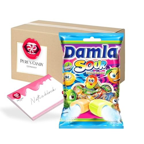 Pere's Candy Bundle für DAMLA SOUR 1kg Kaubonbons - Fruchtgummi mit saurem Pulver Füllung + Pere's Candy Notepad DIN A7-25 Blatt von PERE’S CANDY