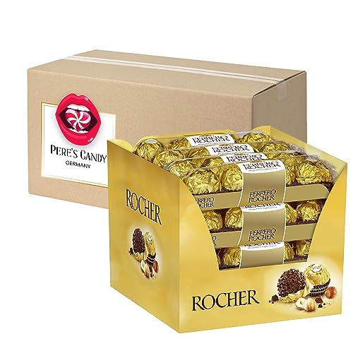 Pere's Candy® Bundle für Rocher Thekendisplay 16x4(800g) Nuss-Pralinen knuspriger Waffel zarter Milchschokolade Haselnusscreme Füllung + Pere's Candy Notepad DIN A7-25 Blatt von PERE’S CANDY