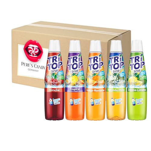 TRi TOP Getränkesirup Sortiment - Sirup für Wassersprudler - Tropical - Kirsche - Zitrone und Limette - Waldmeister - Orange und Mandarine (5 x 600ml) mit Geschenk von Pere's Candy von PERE’S CANDY