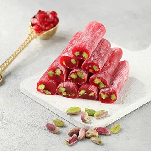 Pergamo Vegan Snacks und Süßigkeiten mit Pistazien und Granatapfel - Turkish Delight Besondere Geschenkt Box - Premium Finger-Lokum Mit Pistazien Und Granatapfelgeschmack 300 Gr von PERGAMO Natural Flavor