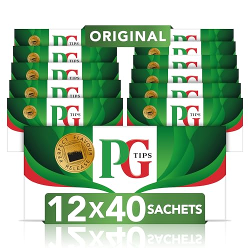 PG Tips Tee Sachets, Original, Schwarztee, Mit den feinsten und frischesten Teeblättern, Für den täglichen Genuss, 12er Pack x 40 Sachets, 480 Schwarzteebeutel von PG tips