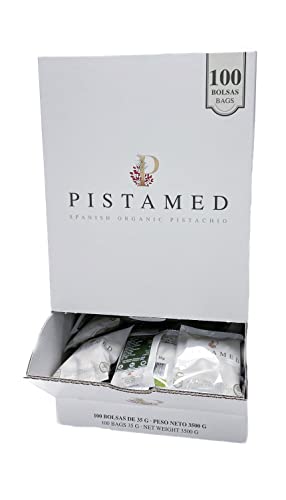 PISTAMED – Bio-Pistazien – ohne Salz – handwerklich geröstet – ohne Zusatzstoffe und glutenfrei – vegetarische und vegane Ernährung – Karton: 3,35 kg, Packung mit 100 Beuteln à 35 gr von PISTAMED