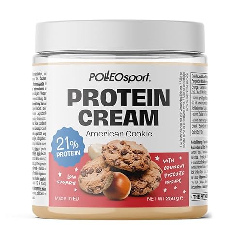 Polleo Sport Protein Cream, 250 g - Gesunder Schokocreme-Aufstrich, 10% Haselnüsse, 21% Eiweiß, ohne Zuckerzusatz, vegetarisch (250 g, American Cookie) von POLLEO sport
