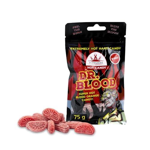 Scharfe Süßigkeiten Dr. Blood Poppamies Chili-Orange Bonbons - Laktosefrei Glutenfrei Vegan - Nicht für Kinder oder Halloween-Streiche - Schärfegrad: X-HOT - Größe: 75g von POPPAMIES