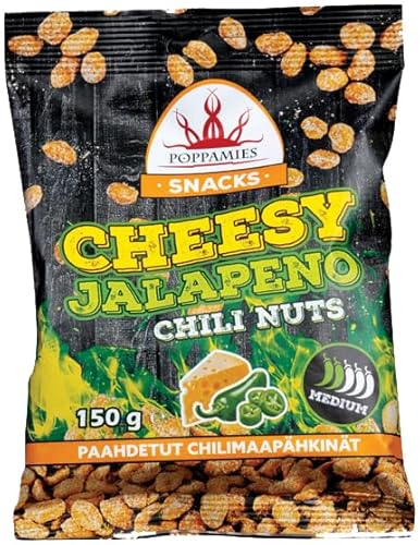Poppamies Cheesy Jalapeno Chili-Erdnüsse – würzige Nüsse sind eine tolle Wahl für den Snack – glutenfrei – mittlere Schärfe – 150 g von POPPAMIES