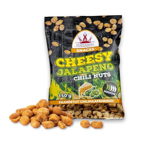 Poppamies Cheesy Jalapeno Chili-Erdnüsse – würzige Nüsse sind eine tolle Wahl für den Snack – glutenfrei – mittlere Schärfe – 150 g von POPPAMIES