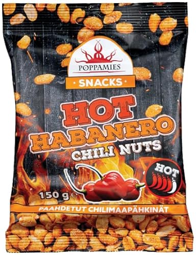 Poppamies Hot Habanero Chili-Nüsse – Scharfe Erdnüsse sind eine tolle Wahl zum Knabbern – Glutenfrei, Laktosefrei, Vegan – Scharfe Schärfe – 150g von POPPAMIES