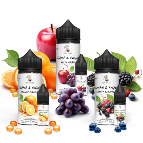 POPY TRADE - Shake & Enjoy - 3er Set - Apple Grape, Orange Bonbon, Forest Berries - Hochdosiertes Aroma 10ml in 120ml Chubby Gorilla Flasche. Vernebler, Nebelmaschinen, Lebensmittel, Getränke von POPY