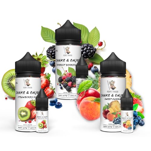 POPY TRADE - Shake & Enjoy 3er Set - Forest Berries, Sweet Fusion, Strawberry Kiwi - Hochdosiertes Lebensmittelaroma 10ml in 120ml Flasche, Für Lebensmittel, Getränke, Vernebler, Nebelmaschinen von POPY