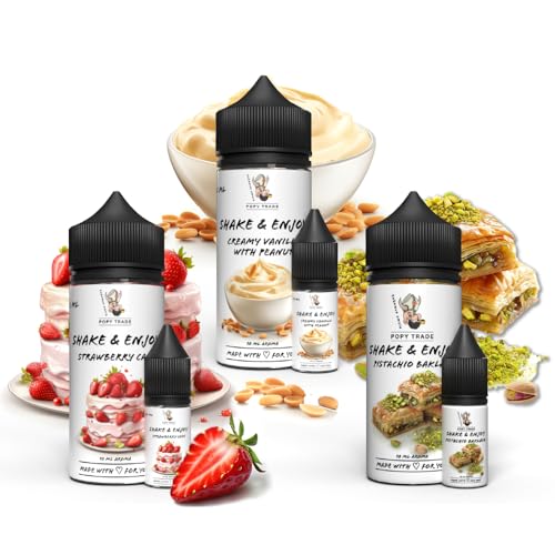 POPY TRADE - Shake & Enjoy 3er Set - Hochdosiertes Lebensmittelaroma 10ml in 120ml Flasche, Für Getränke, Vernebler, Nebelmaschinen, Diffusor. Creamy Vanilla Peanut, Strawberry Cake & Pistacio Baklava von POPY