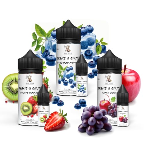 POPY TRADE - Shake & Enjoy 3er Set - Hochdosiertes Lebensmittelaroma 10ml in 120ml Flasche, Für Lebensmittel, Getränke, Vernebler, Nebelmaschinen (Strawberry Kiwi, Blueberry Menthol, Apple Grape) von POPY