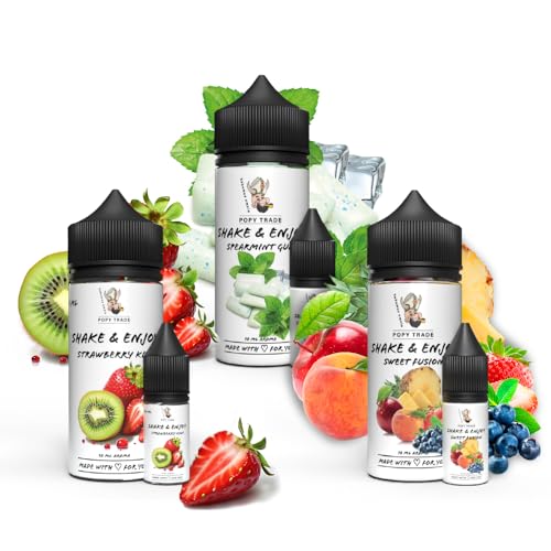 POPY TRADE - Shake & Enjoy 3er Set - Sweet Fusion, Strawberry Kiwi, Spearmint Gum - Hochdosiertes Lebensmittelaroma 10ml in 120ml Flasche, Für Lebensmittel, Getränke, Vernebler, Nebelmaschinen von POPY