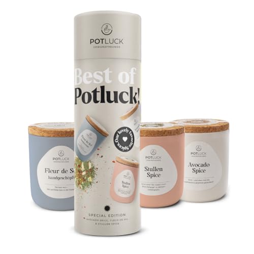 POTLUCK I Best of POTLUCK 3er Geschenkset I 3 Gewürzmischungen für Stullen Spice, Avocado Spice und Fleur de Sel I Wiederverwendbarer Keramiktopf I Gesunde Ernährung, lecker Essen für zu Hause von POTLUCK Gewürzfreunde