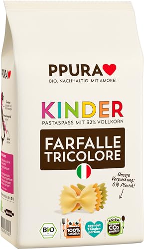 PPURA Bio Farfalle Tricolore für Kinder mit 32% Vollkorn | 500g Pasta | Schmetterlingsnudeln aus ital. Hartweizen | 100% Natürlich, Ohne Farb- & Konservierungsstoffe | Bunter Pastaspaß für Kids von PPURA