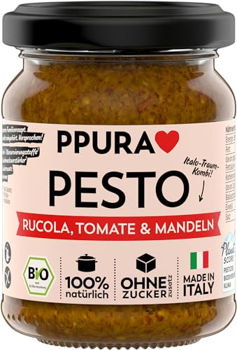 PPURA Bio Pesto Rucola, Tomate & Mandeln | Vegane Pasta-Sauce mit Ruccola, Tomten, Mandeln & Nat. Olivenöl Extra | Nudel-Soße Made in Italy | 100% Natürlich Ohne Zusatzstoffe | 120g Glas von PPURA