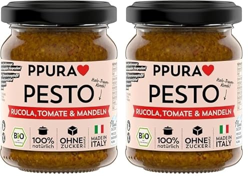 PPURA Bio Pesto Rucola, Tomate & Mandeln | Vegane Pasta-Sauce mit Ruccola, Tomten, Mandeln & Nat. Olivenöl Extra | Nudel-Soße Made in Italy | 100% Natürlich Ohne Zusatzstoffe | 120g Glas von PPURA