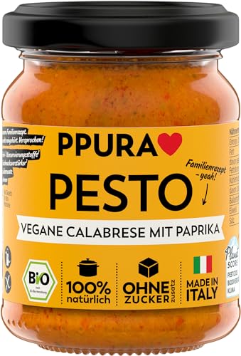 PPURA Bio Pesto Vegane Calabrese | Pasta-Sauce mit Paprika, Tomaten & Nat. Olivenöl Extra | 100% Natürlich Ohne Zuatzstoffe | Authentisch Ohne Sonnenblumenöl| Nudel-Soße Vegan & Glutenfrei | 120g Glas von PPURA