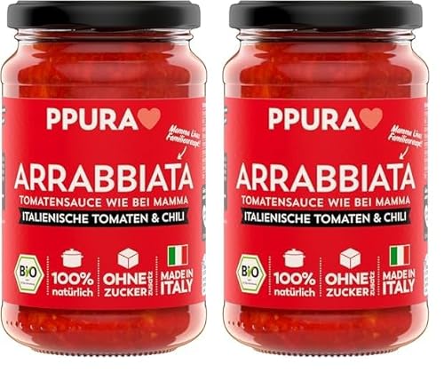 PPURA Bio Tomatensauce Arrabbiata | Pasta-Sauce mit Fruchtigen Tomaten & Chili | 100% Natürlich | Nudel-Soße Vegan Ohne Zuckerzusatz & Konservierungsstoffe | 340g Glas (Packung mit 2) von PPURA