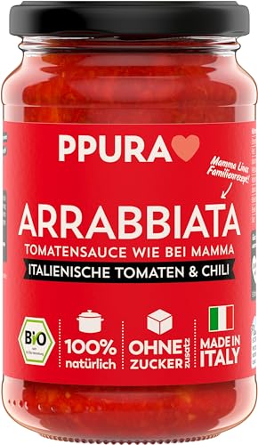 PPURA Bio Tomatensauce Arrabbiata | Pasta-Sauce mit Fruchtigen Tomaten & Chili | 100% Natürlich | Nudel-Soße Vegan Ohne Zuckerzusatz & Konservierungsstoffe | 340g Glas von PPURA