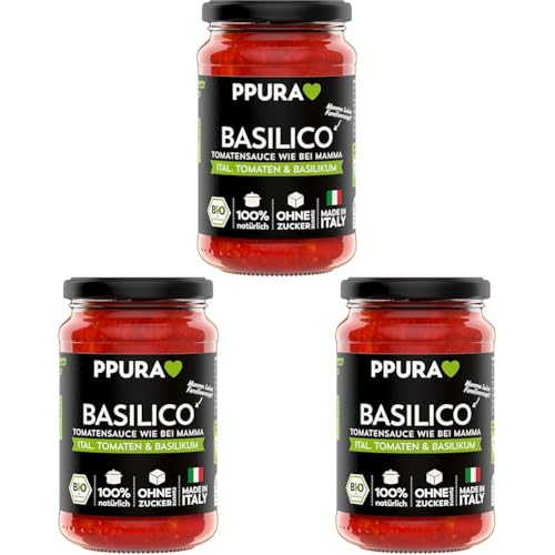 PPURA Bio Tomatensauce Basilico | Pasta-Sauce mit italieischem Basilikum | Sugo Made in Italy | 100% Natürlich | Nudel-Soße Vegan Zuckerzusatz & Konservierungsstoffe | 340g Glas (Packung mit 3) von PPURA