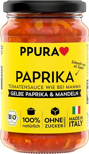 PPURA Bio Tomatensauce Paprika | Pasta-Sauce mit gelber Paprika & Mandeln | Sugo Made in Italy | 100% Natürlich | Nudel-Soße Vegan Ohne Zuckerzusatz & Konservierungsstoffe | 340g Glas von PPURA