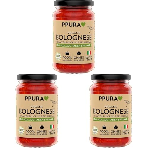 PPURA Bio Tomatensauce Vegane Bolognese | Pasta-Sauce mit Bio-Soja | Sugo Made in Italy | 100% Natürlich | Nudel-Soße Vegan Ohne Zuckerzusatz & Konservierungsstoffe | 340g Glas (Packung mit 3) von PPURA