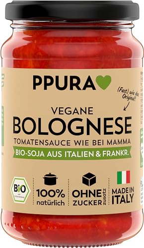 PPURA Bio Tomatensauce Vegane Bolognese | Pasta-Sauce mit Bio-Soja | Sugo Made in Italy | 100% Natürlich | Nudel-Soße Vegan Ohne Zuckerzusatz & Konservierungsstoffe | 340g Glas von PPURA