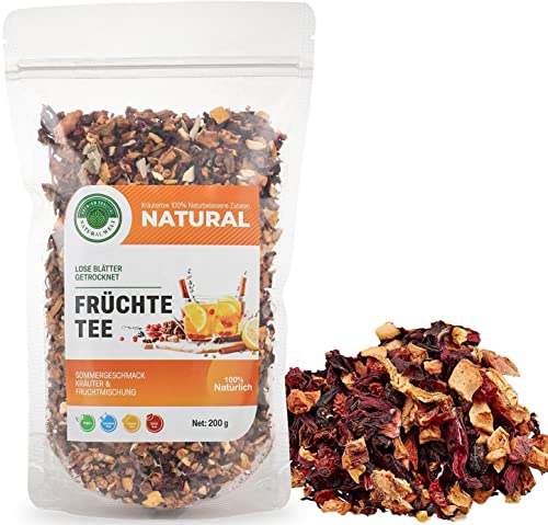 Natural Welt Früchtetee 200g I lose Früchte Tee Mischung I kombiniert mit Hibiskus, Salbei, Orangenschalen, Zitronenschalen, Zimt, Hagebutten und Apfel I premium qualität von PREMIUM QUALITÄT NATURAL WELT