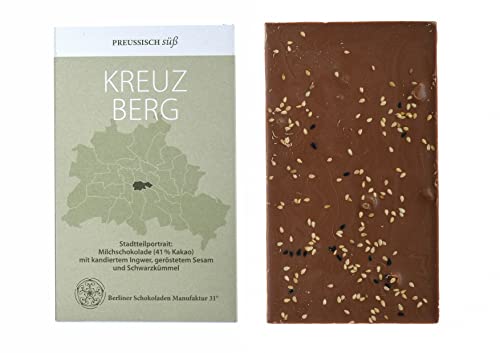 BIO Stadtteil Schokolade Berlin KREUZBERG, Preussisch süß, Milchschokolade mit kandiertem Ingwer, geröstetem Sesam und Schwarzkümmel, 50g von PREUSSISCH süß