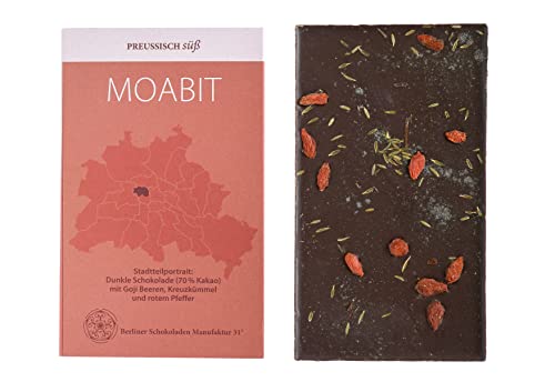 BIO Stadtteil Schokolade Berlin MOABIT, Preussisch süß, Dunkle Schokolade mit Goji-Beeren, Kreuzkümmel und rotem Pfeffer, 50g von PREUSSISCH süß