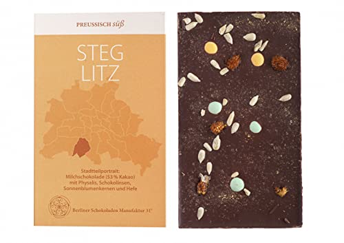 BIO Stadtteil Schokolade Berlin STEGLITZ, Preussisch süß, Milchschokolade mit Physalis, Schokolinsen, Sonnenblumenkernen und Hefe, 50g von PREUSSISCH süß