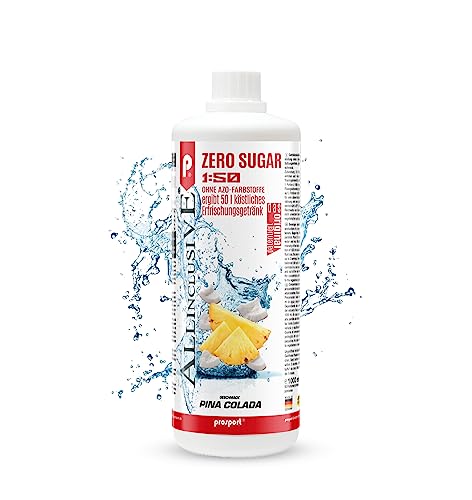 Prosport Allinclusive ZERO SUGAR Sirup, Pina Colada, 1 Liter Flasche, Premium Getränkekonzentrat 1:50, Vitaldrink, 50 Portionen, Vitamin B1, B6, B12 von PROSPORT