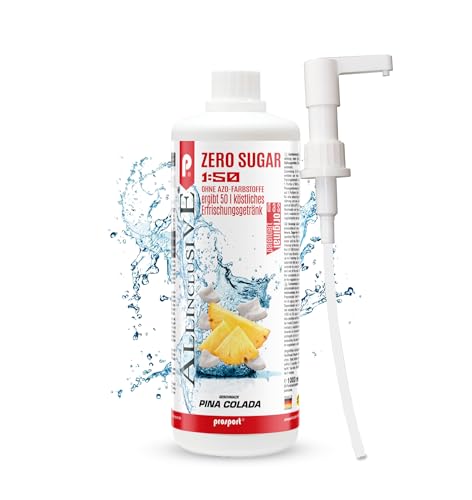 Prosport Allinclusive ZERO SUGAR Sirup, Pina Colada, 1 Liter Flasche + Dosierpumpe, Premium Getränkekonzentrat 1:50, Vitaldrink, 50 Portionen, Vitamin B1, B6, B12 von PROSPORT