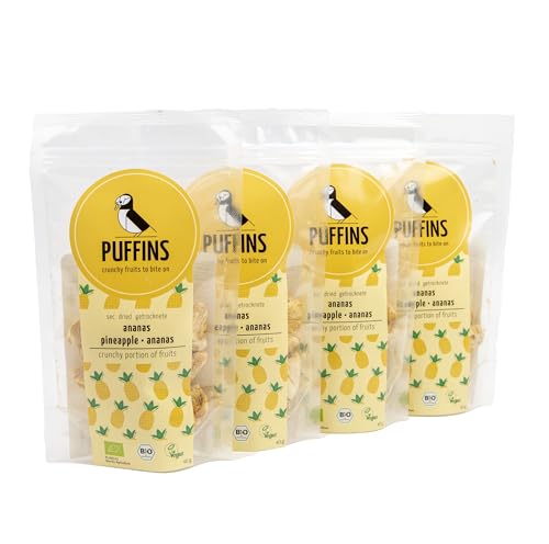 PUFFINS - Getrocknete Früchte - Gefriergetrocknete Ananas - Ananas ohne Zucker - Ananas Chips - Ananasstücke - Ohne Zusatz von Zucker, Konservierungsstoffen, GMO - Vegan - Gesunde Snacks - 4x40g von PUFFINS