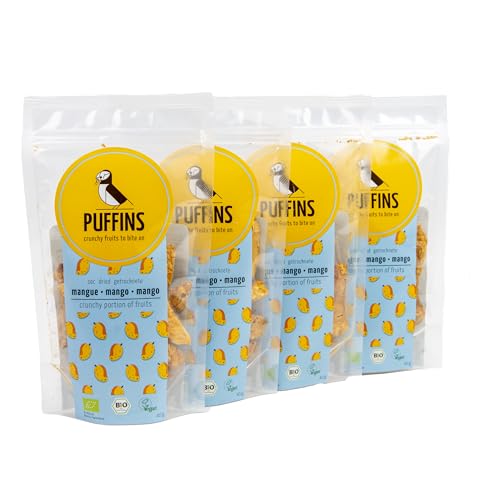 PUFFINS - Getrocknete Früchte - Gefriergetrocknete Mango - Mango ohne Zucker Bio - Mango Chips - Mangostücke - Ohne Zusatz von Zucker, Konservierungsstoffen, GMO - Vegan - Gesunde Snacks - 4x40g von PUFFINS