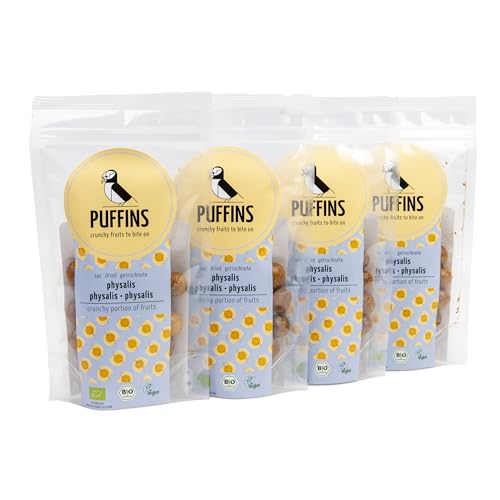 PUFFINS - Getrocknete Früchte - Gefriergetrocknete Physalis - Tollkirsche Bio - Kapstachelbeeren - Belladonna - Ohne Zusatz von Zucker, Konservierungsstoffen, GMO - Vegan - Gesunde Snacks - 4x40g von PUFFINS