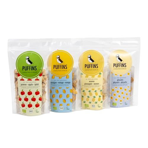 PUFFINS - Getrocknete Früchte - Trockenobst Set - Apfel, Mango, Ananas, Blasenkirschen - Knusprige Trockenfrüchte, Gesunde Snacks, Vegane Süßigkeiten, Vegane Snacks, Zuckerfrei, Glutenfrei, 4x40g von PUFFINS