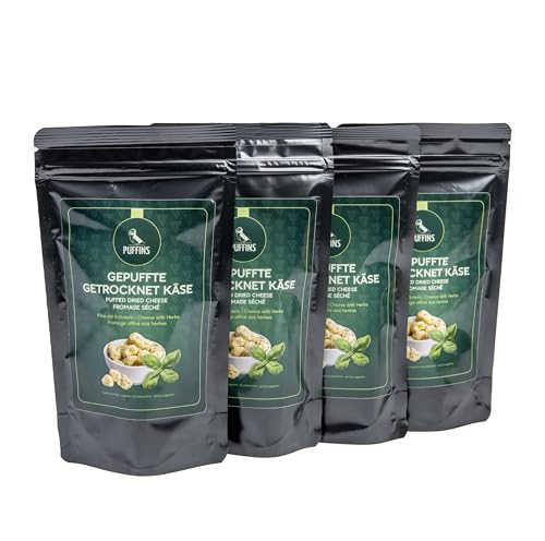 PUFFINS - Knuspriger Käse Keto Snack - Goudakäse - 100% Käse - Ohne Zucker, Kohlenhydrate - Protein Snack - Glutenfrei, Viel Eiweiß - mit Kräutern -4x50g von PUFFINS