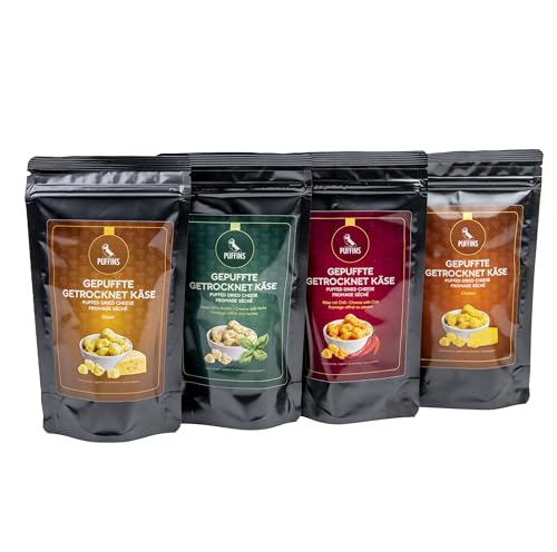 PUFFINS - Knuspriger Käse Keto Snack Set - Goudakäse, Cheddarkäse - 100% Käse - Ohne Zucker, Kohlenhydrate - Protein Snack - Gesunde Snacks - Viel Eiweiß - Klassich, Chili, Kräutern, Cheddar - 4x50g von PUFFINS