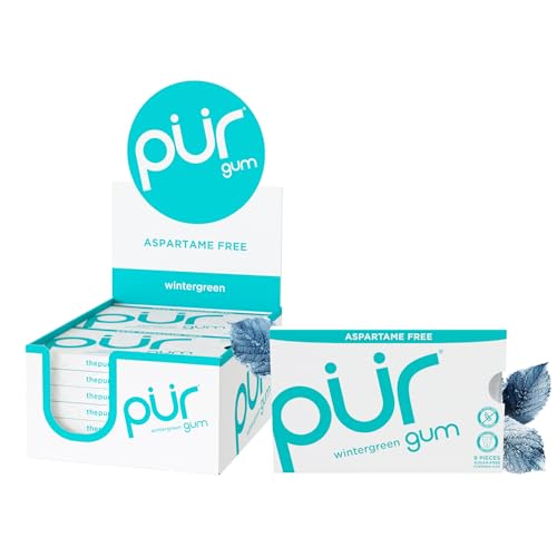 PUR Gum | Zuckerfreier Kaugummi | 100% Xylit | Vegan, Aspartamfrei, Glutenfrei & Diabetikerfreundlich | Natürlicher Kaugummi Mit Wintergreen-Geschmack, 55 Stück (12er Pack) von PUR