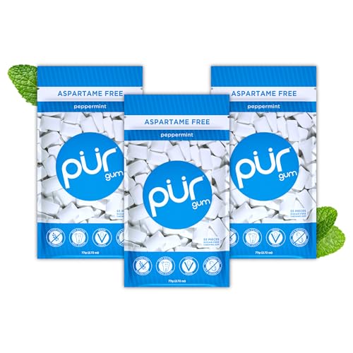 Pur Gum | Zuckerfreier Kaugummi | 100% Xylit | Vegan, Aspartamfrei, Glutenfrei & Diabetikerfreundlich | Natürlicher Kaugummi Mit Peppermint-Geschmack, 55 Stück (3er Pack) von PUR