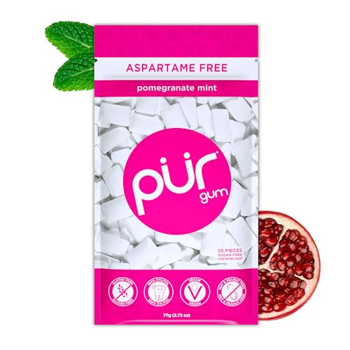 Pur Gum | Zuckerfreier Kaugummi | 100% Xylit | Vegan, Aspartamfrei, Glutenfrei & Diabetikerfreundlich | Natürlicher Kaugummi Mit Pomegranate Mint Geschmack, 55 Stück (1er Pack) von PUR