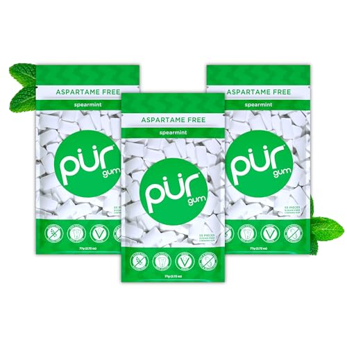 Pur Gum | Zuckerfreier Kaugummi | 100% Xylit | Vegan, Aspartamfrei, Glutenfrei & Diabetikerfreundlich | Natürlicher Kaugummi Mit Spearmint-Geschmack, 55 Stück (3er Pack) von PUR