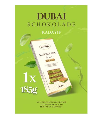 185 Gramm Dubai Schokolade, mit Kadayif und Pistazie Füllung, Hergestellt mit belgischer Vollmilchschokolade (1er Packung) von PacksAus