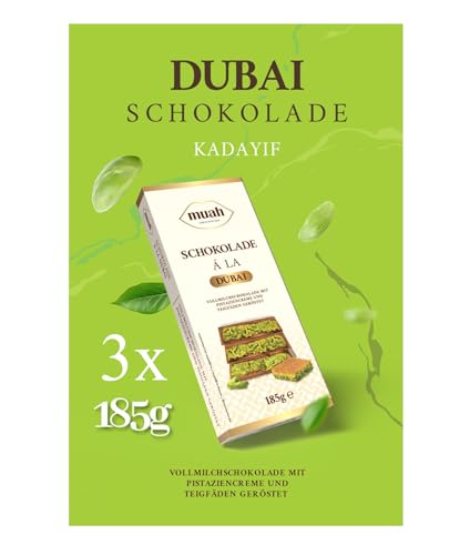 185 Gramm Dubai Schokolade, mit Kadayif und Pistazie Füllung, Hergestellt mit belgischer Vollmilchschokolade (3er Packung) von PacksAus