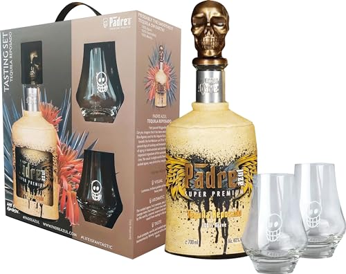 Padre Azul Tasting Set Tequila Reposado 40% • Premium Tequila Made in Mexico • Sehr weicher Tequila Reposado für den puren Genuss in Geschenkpackung inklusive zwei Gläser (1 x 0.7 l) von Padre azul