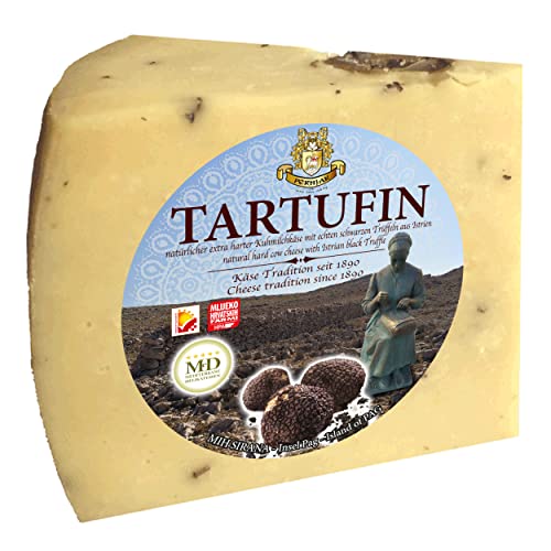 Pager Kuhmilchkäse Truffle cheese TARTUFIN Trüffelkäse min. 300g mit Feinkost Trüffel Käse - Sir am Stück aus Kroatien von Kolan, Insel Pag, Hartkäse mit echtem schwarzem Trüffel der Adria von Pager Käse